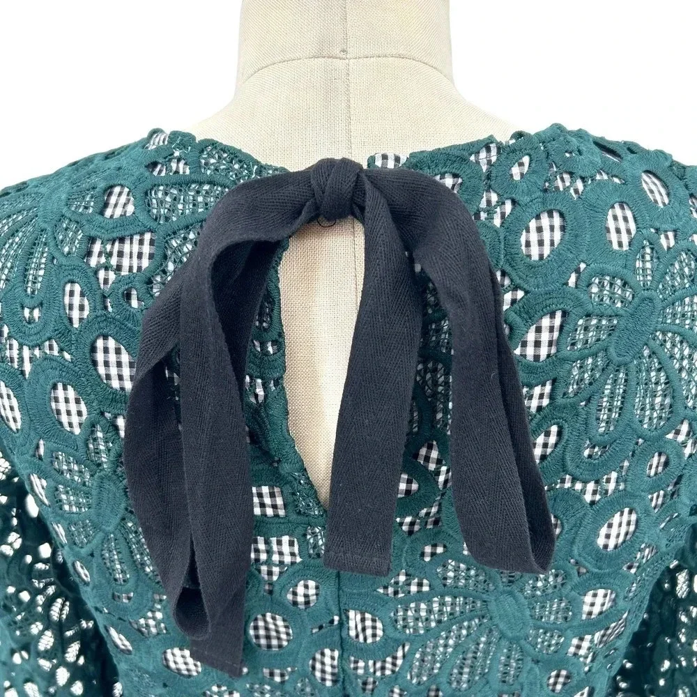 Anthropologie Maeve‎ Gabriella Top Blouse Peplum Gingham Lace Green Size XS